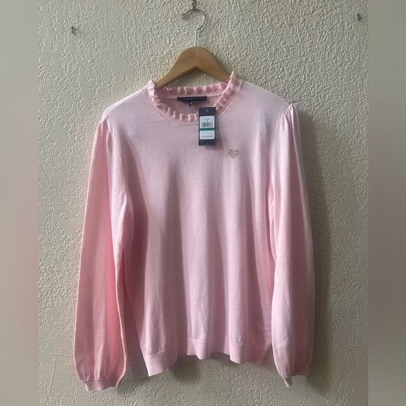 Tommy Hilfiger Rhinestone Heart Pink Sweater Sz L Pink  Ruffle Collar NWT - Picture 2 of 8